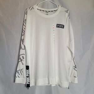 NWT Victoria's Secret Pink Long Sleeve White Spellout Sleeve Shirt Women's L